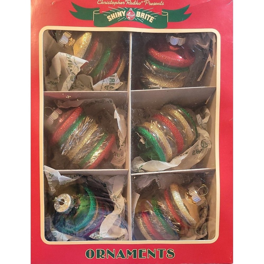 Radko Shiny Brite Glass Ornaments Set Of 6 Glitter Stripe Christmas Tree 2016